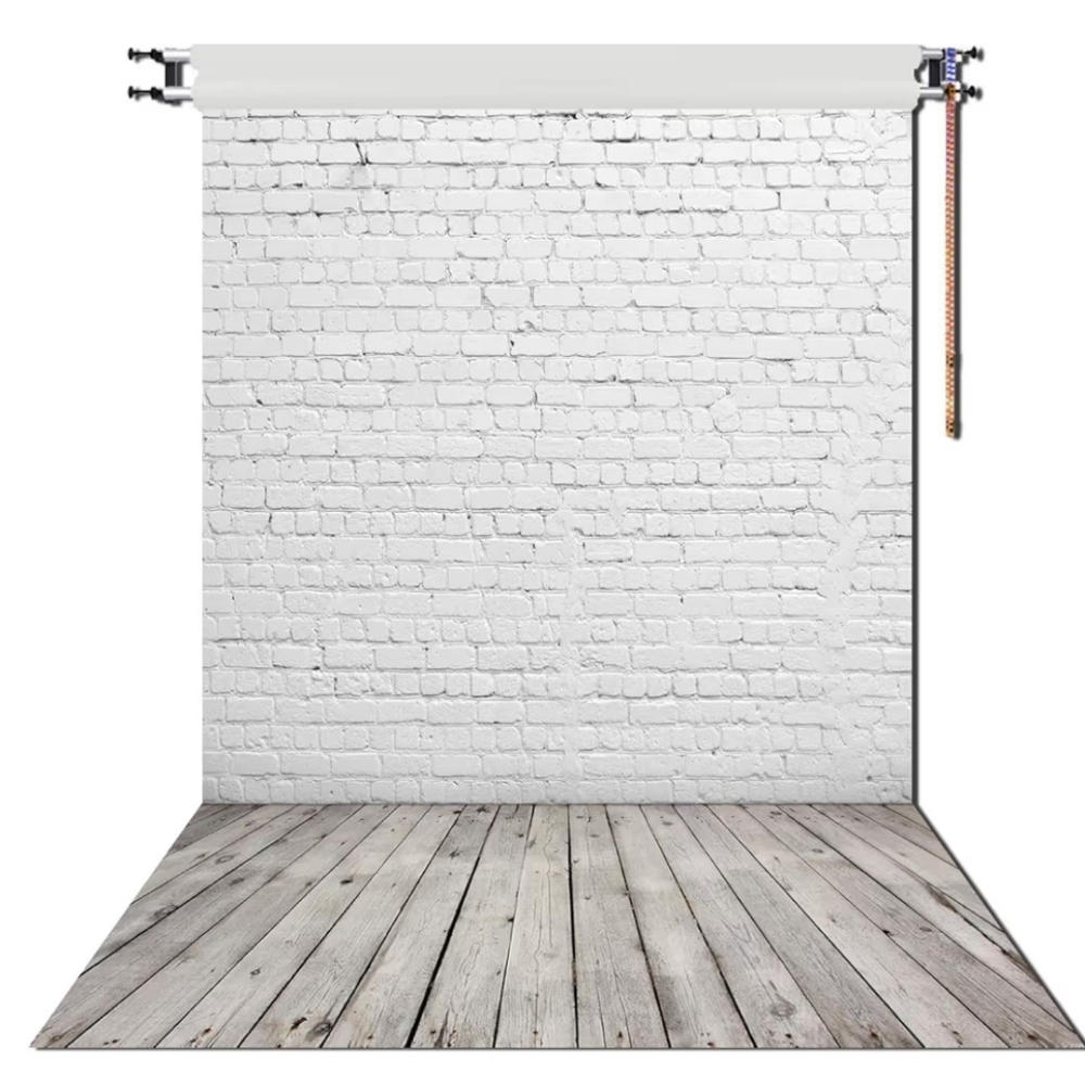 Studio Backdrop - White Brick Wall with Weathered Wood Floor